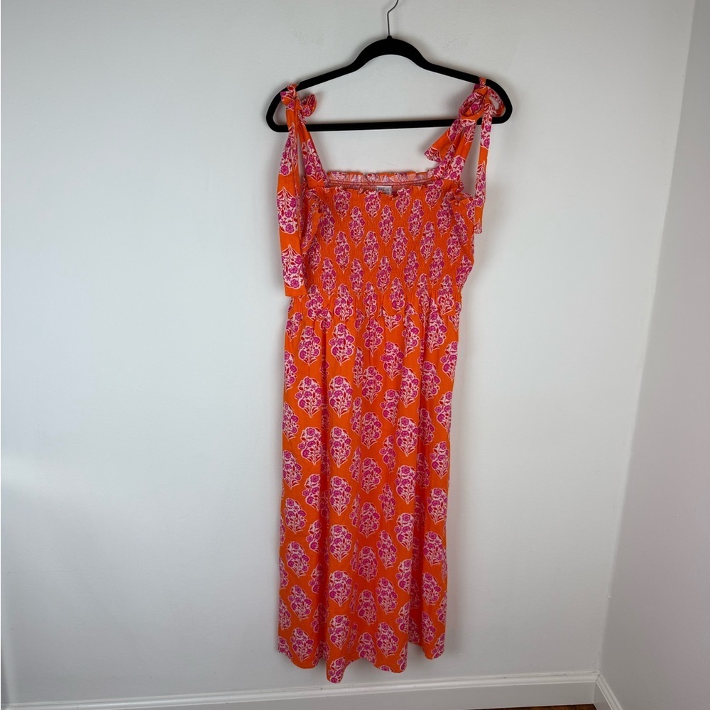 Pink City Prints Tangerine Buta Smocked Printed Midi Dress 100% Cotton Size L